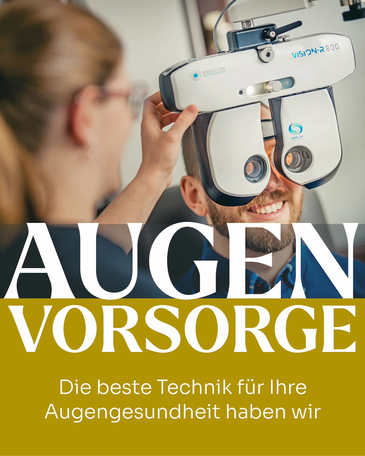 Augenprüfung - Mann mit Bart sitzt hinter dem Vision-R 800 Gerät